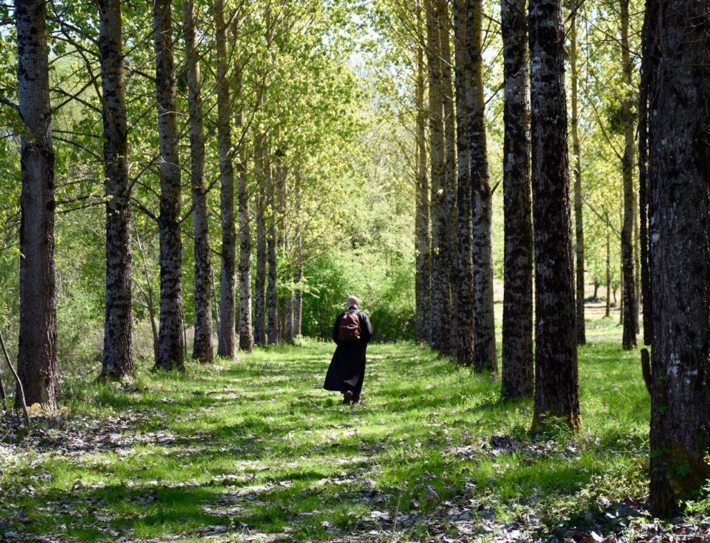 une moniale marche avec un sac à dos sur les épaules dans la forêt des peupliers du Hameau du Bas